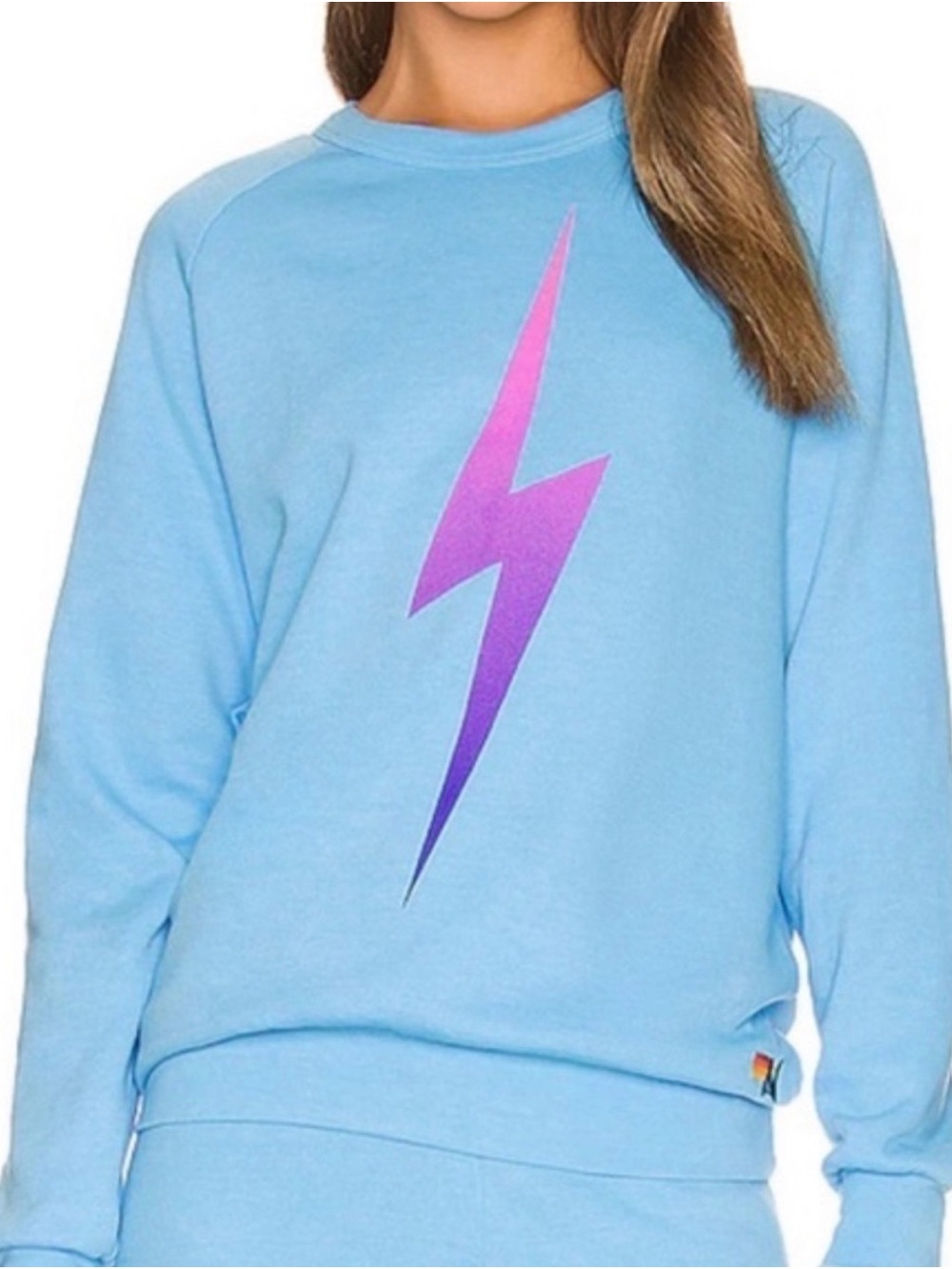 Aviator Nation Sky Blue Crewneck with Pink Lightning Graphic - Picture 2 of 8